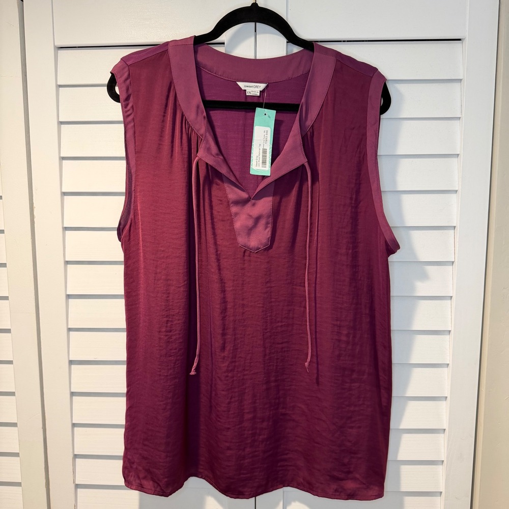 sweetGREY Juni Mixed Material‎ Jewel Tone Purple Sleeveless Blouse Top XXL Tie